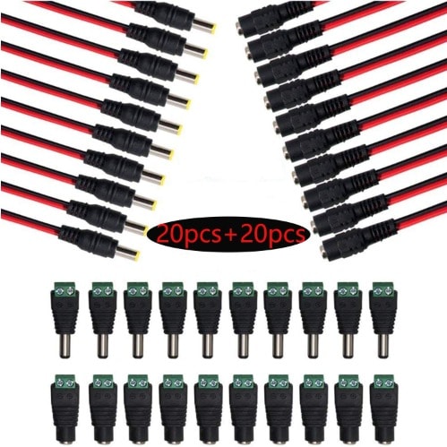 10 Pairs DC Power Pigtail Cable 12V 5A Male & Female + 10 Pairs DC Power Jack Plug Adapter