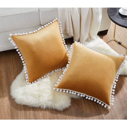Square Shaped Throw Pillows With Pom Poms - 2 Pieces - Gold