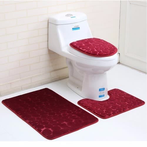 3 Piece Bathroom Set Rug Contour Mat Toilet Lid Bath Mat - Red