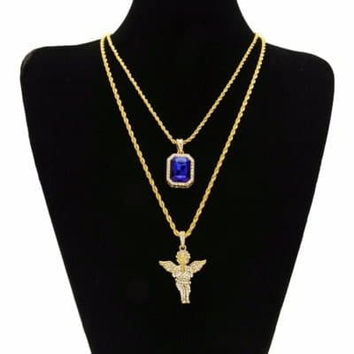 Double Blue Stone & Rhinestone Baby Angel Pendant & Necklace