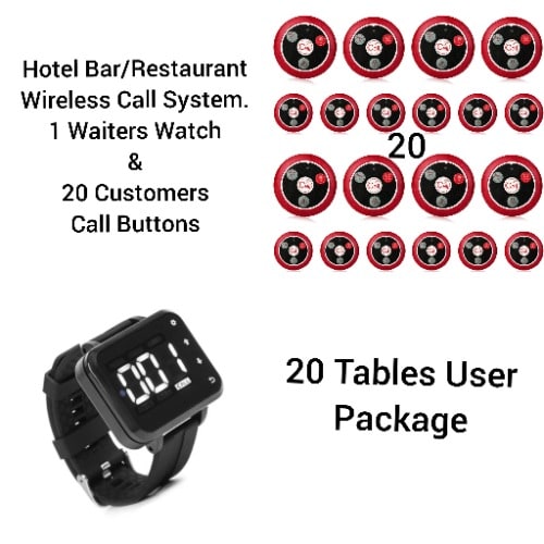 Hotel Restaurant/bar Waiters & Customers Service Wireless Call System 20 Buttons/1 Watch Pack