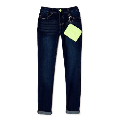 Girls Stretch Cuff Skinny Jeans With Lemon Keychain Bag- Deep Blue Wash