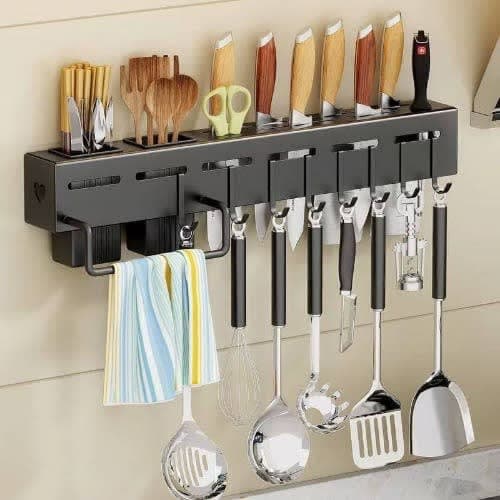 Wall Mounted Knife Cutlery Holder Kitchen Rack With Hooks