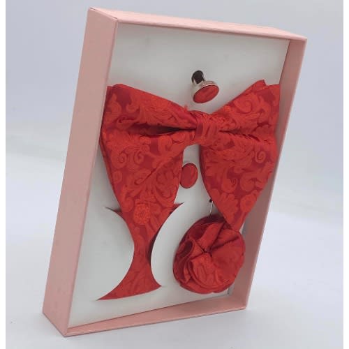 4-in-1 Classic Pattern Men's Red Bow Tie N Cufflinks