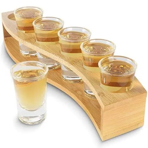 Bamboo Shot Glass Display Stand + 6 Tequila Shot Glass - 6 Holes