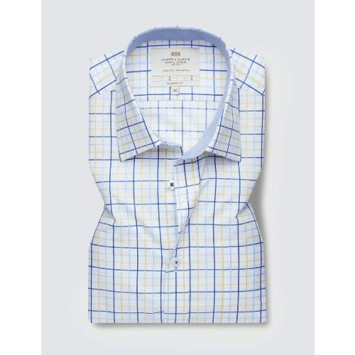 Easy Iron Blue & Yellow Multi Check Slim Fit Short Sleeve Shirt