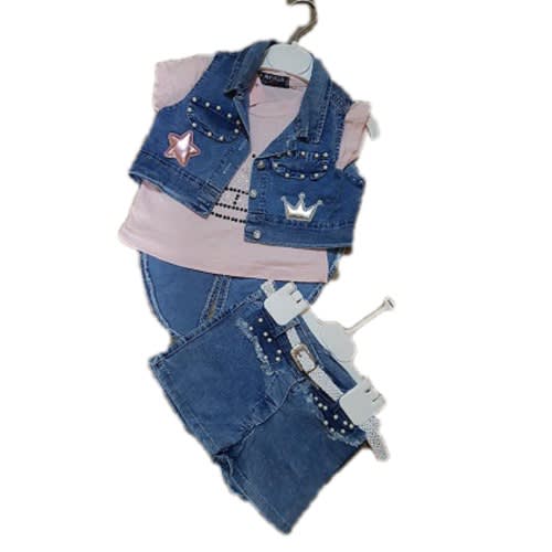 3-In-1 Turkey Girls Jeans Bumper Shorts & Jacket - Peach & Blue