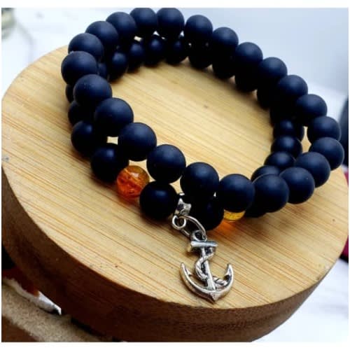 Fashion Jewelry Men Beaded Bracelets - Anchor Sign - 2 Pieces - Black