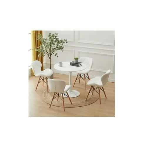Dining Table & Leather Chair With Wood Leg - Set Of 4 - White