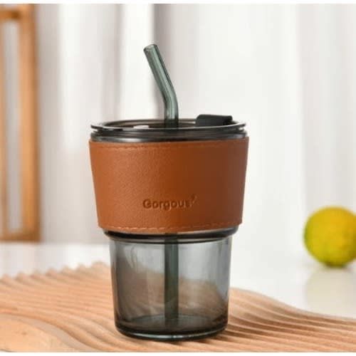 Glass Slub Cup With Lid Straw Leak-proof - 350ml