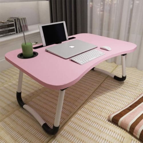 Foldable Laptop Table Stand With Cup Slot - Pink