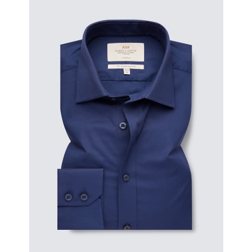 Men's Formal Navy Slim Fit Cotton Stretch Shirt - Single Cuff