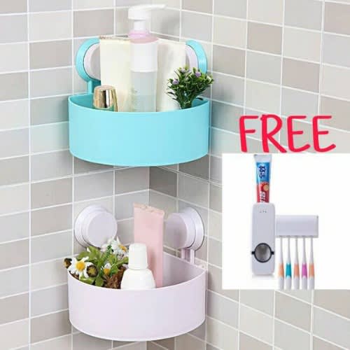 2 Triangle Bathroom Shelf + Free Toothpaste Dispenser & Toothbrush Holder
