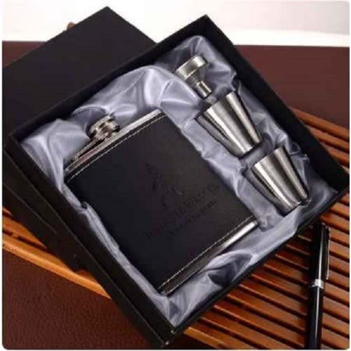 Johnnie Walker Stainless Steel & Leather Hip Flask With Silver Cups & Funnel
