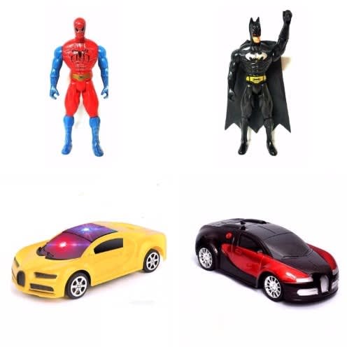 Spider Man + Bat Man Figures & Yellow And Red Toy Sport Cars For Children