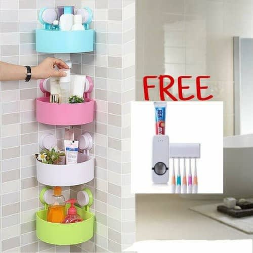 4 Triangle Bathroom Shelf + Free Toothpaste Dispenser & Toothbrush Holder