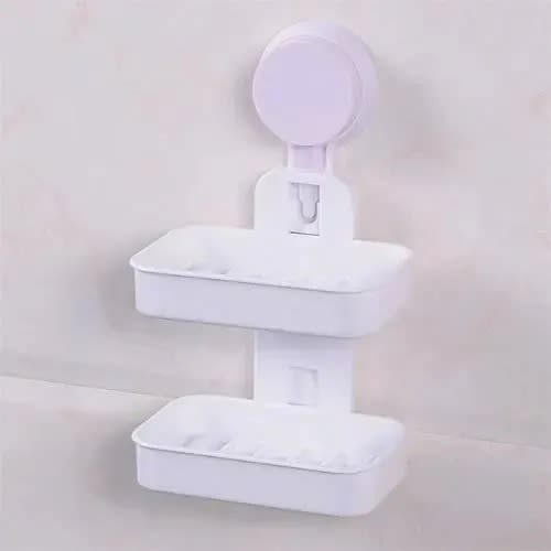 Suction Wall Mounted Double Layer Bathroom Soap Box/ Holder - White