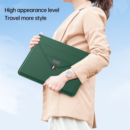 Pu Leather Portable Sleeve Bag With Bracket For 13/14 Laptop -green