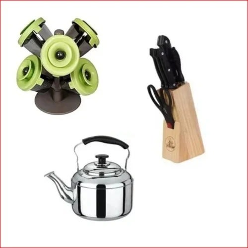 3 In 1 Kitchen Bundle- Spice Rack + 3litres Whistling Kettle + Knife Set