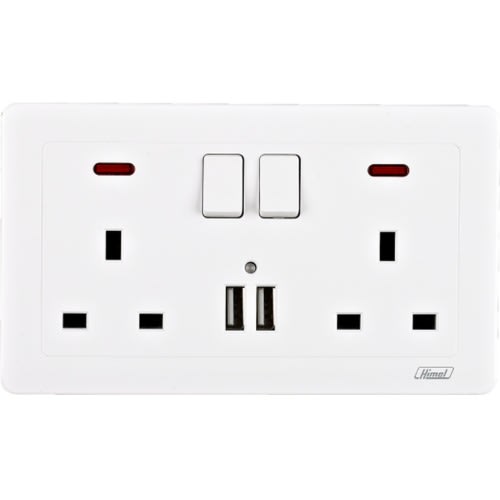 Himel Switched Socket With 2 USB, Prime V2 Series, 2 X 13 A, With Neon Indicator || HWDP213ASSN2USB