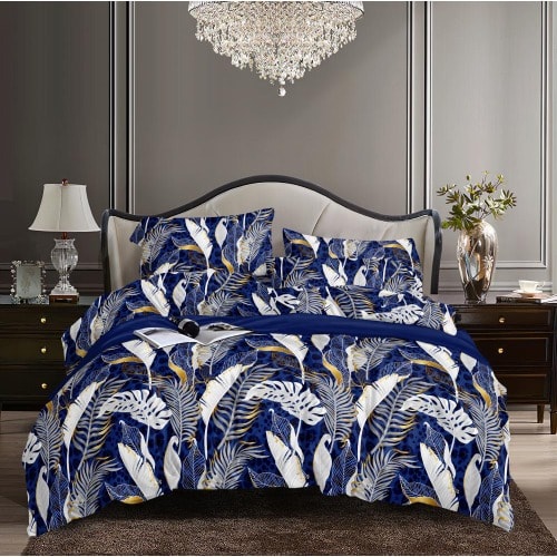 Bedsheet And Four Pillowcases - Blue & White leave pattern