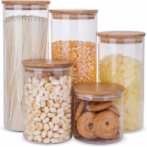 Glass Storage Containers With Bamboo Wooden Lids - Set Of 5