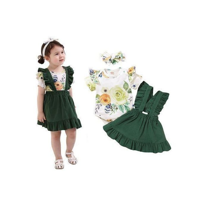 Catpapa Infant Girl Rose Floral Short Sleeve Bodysuit Ruffle Suspender Skirt- 0-6 Months