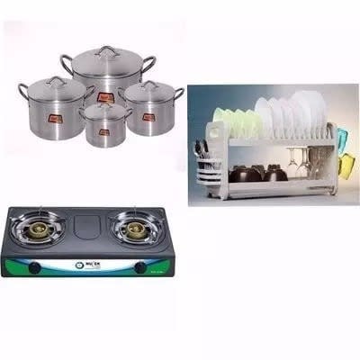 2-table Top Gas Cooker, Set Of Pots & Plate Rack Bundle