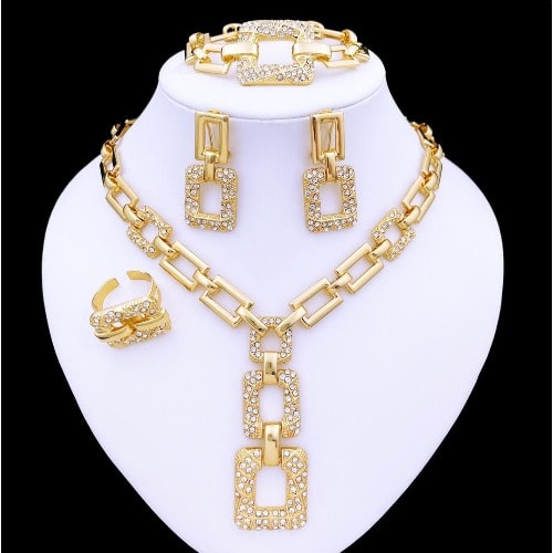 Beautiful Gold Plated Studded Chain Necklace Earrings And Pendant Set