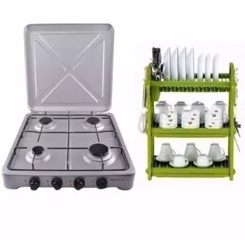 4 Burner Gas Cooker With Cover Lid+ 3 Tiers Plastic Plate Rack With Drainer