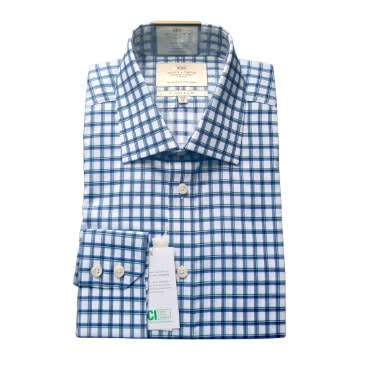 Non Iron Green & Blue Check Slim Fit Shirt With Semi Cutaway Collar - Single Cuffs