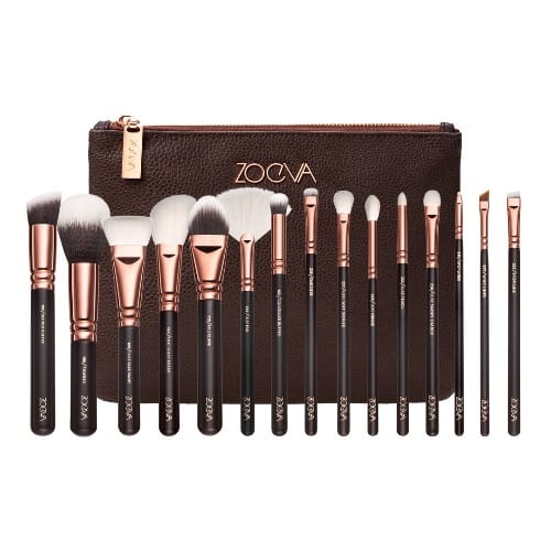 15 Pc Rosegold Makeup Brush Set With Coffee Brown Clutch