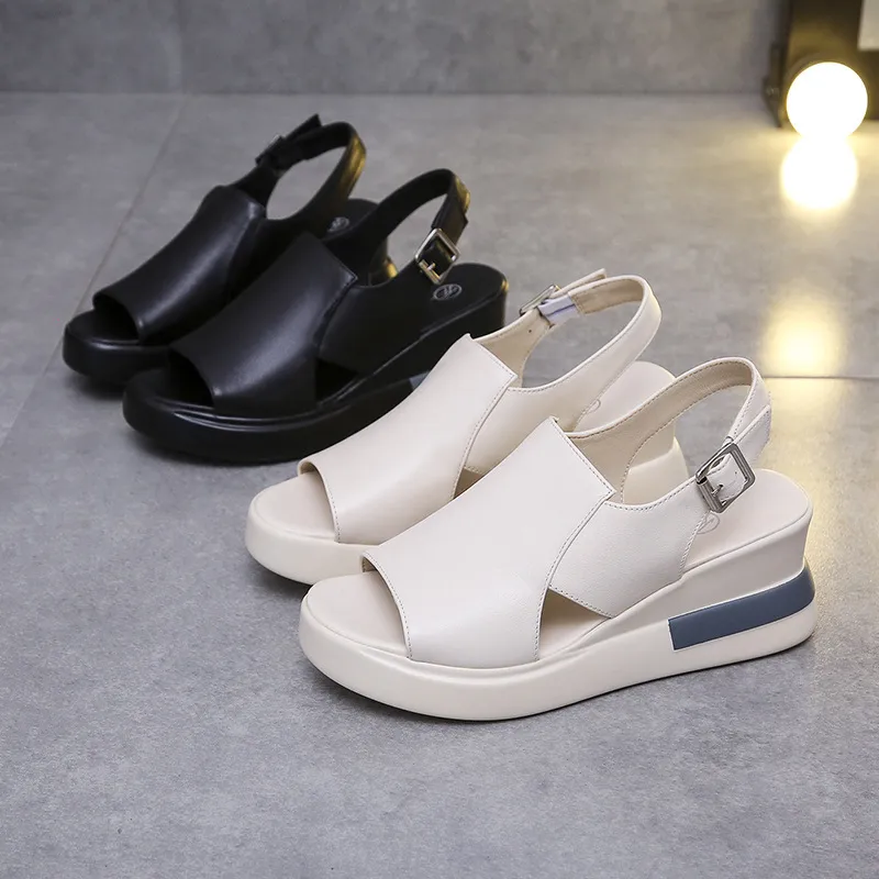 Wholesale Women Fashion Casual Buckle Design Peep-toe Wedge Platform Solid Color Sandals