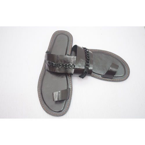 Men's Plain Leather Pam Slippers - Brown