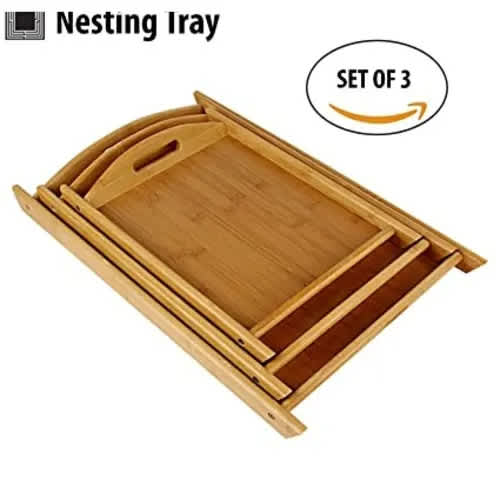 Polished 3 In 1 Natural Bamboo Wooden Serving Tray