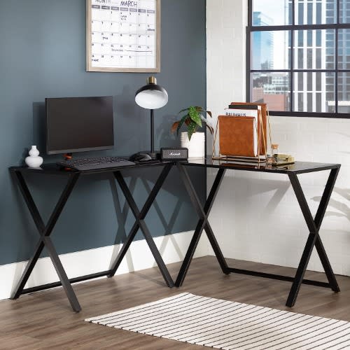 Walker Edison Modern X-Frame Glass & Metal L-Shaped Corner Computer Desk - 51'' - Black