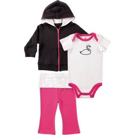 Baby Girl Hoodie, Swan Bodysuit And Matching Yoga Pant 3 Set-pink