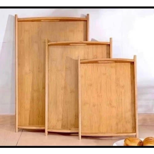 Bamboo Wooden Food And Tea Serving Tray With Double Handles - Set Of 3