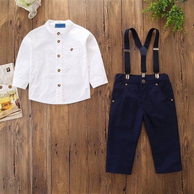 BOY BEST SELLING BIRTHDAY SUSPENDER SET- WHITE/NAVY BLUE