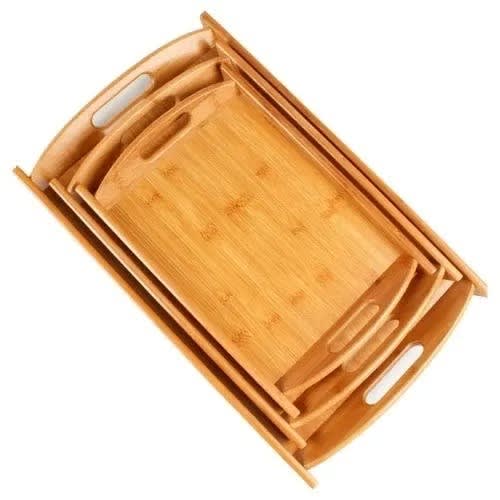 Wooden Serving Tray With Double Handles - Set Of 3