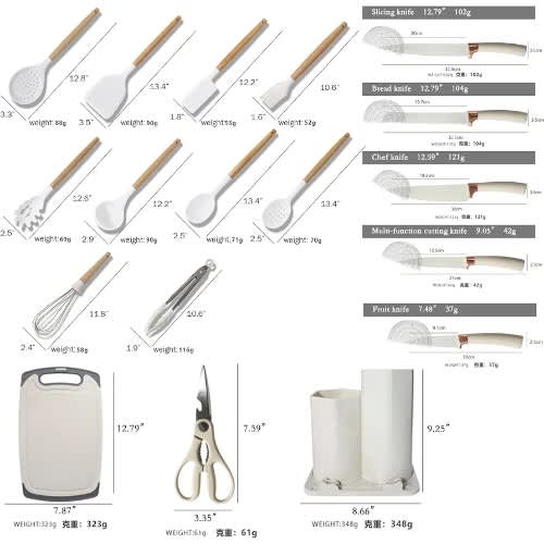 25pcs Silicon Kitchenware Set / Silicon Cooking Spoon Set With Wooden Handle - White