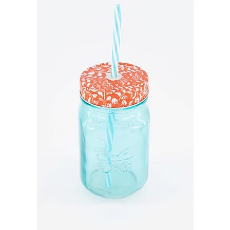 Clarion Mason Jar Set W/ Lid & Straw - 473ml - Blue/red