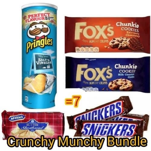 Pringles Salt & Vinegar + Shortbread + Snickers Chocolate + Cookies