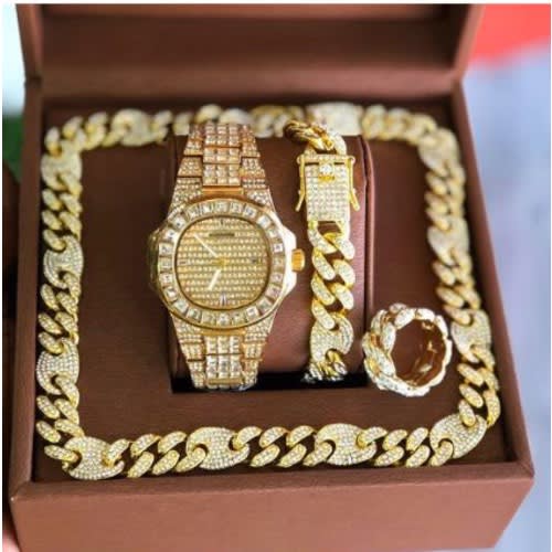 Iced Studded Collection Of Solid Wristwatch + Iced Necklace,rings & Bracelet For Ceo's