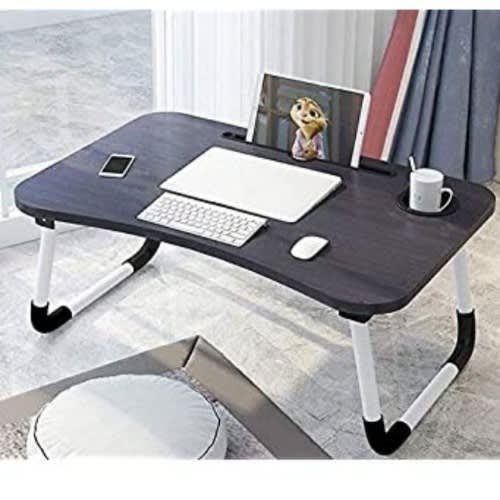 Foldable Bed Laptop Table With Cup Holder And Tablet Holder - Black
