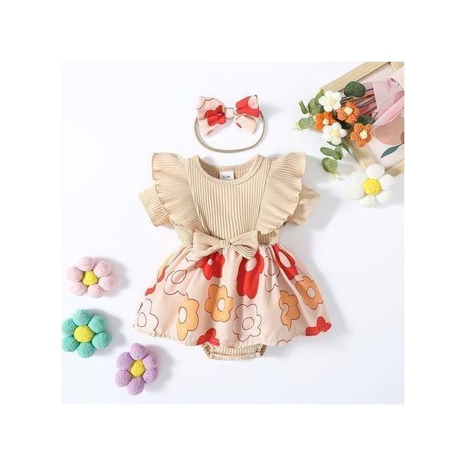 Catpapa 0-18Months Baby Girls Flower Printing Bodysuit With Headband