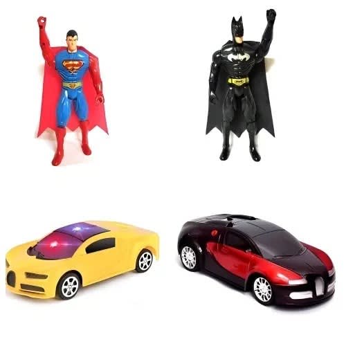 Super Man + Spider Man Figures & Red And Yellow Toy Sport Cars For Children