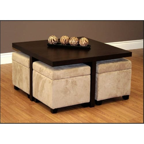 Coffee Table With Set Of 4 Stools Underneath - Coffee Brown
