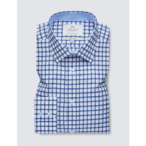 Men's Grid Check Slim Fit Shirt - Single Cuffs - Green & Blue