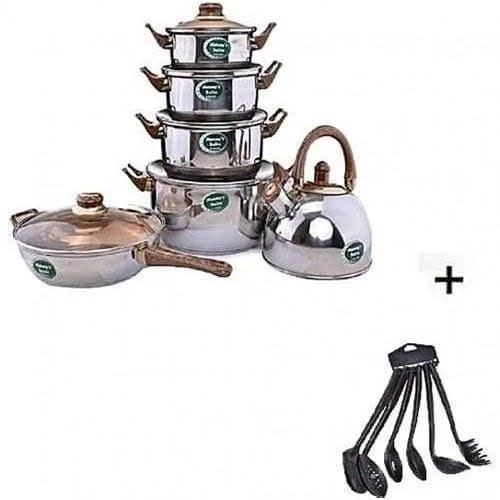 Set Of 6 Pots + 1 Frying Pan With Kettle And Set Of 6 Non Stick Cooking Spoon Bundle